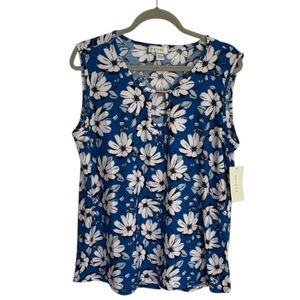 Blue, White and Black Majora Women's Floral Keyhole Tank Top